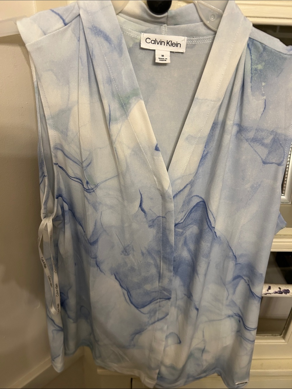 Calvin Klein Blue and White Marble-Print Sleeveless V-Neck Top
